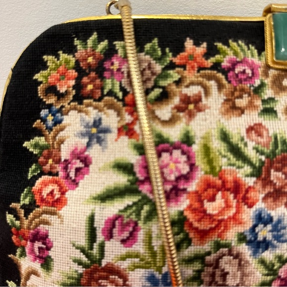 Vintage Petite Point Black Floral Needlepoint Bag with Jade-like Stone Clasp - Picture 2 of 16